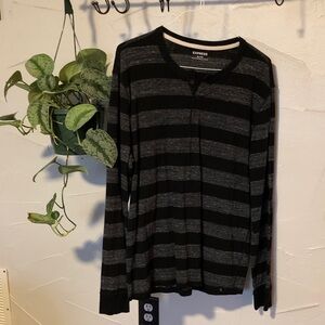 Express Men's Long Sleeve Black and Gray Striped Tee